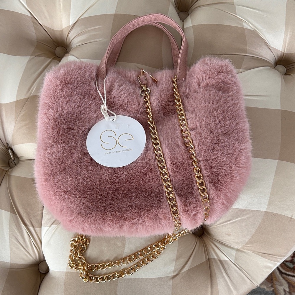 Pink Faux Fur Tote Bag with Gold Chain by
